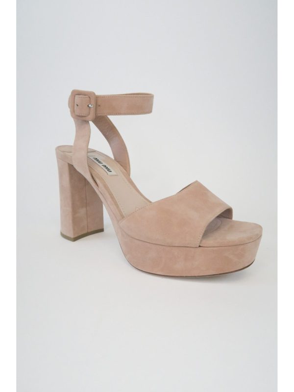 MIU MIU Womens Beige 1-1 2  Platform Ankle Strap Open Toe Block Heel Buckle Suede Heeled on Sale