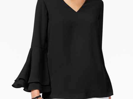 ALFANI Womens Black Ruffled Long Sleeve V Neck Blouse For Cheap