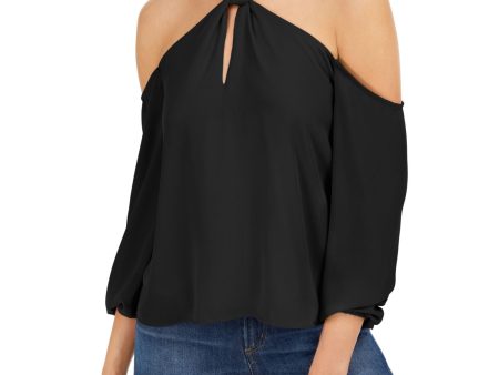 BAR III Womens Black Cold Shoulder Halter Long Sleeve Keyhole Party Blouse Sale