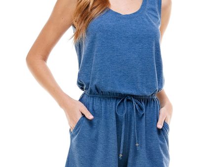 KINGSTON GREY Womens Blue Gathered Tie Sleeveless Scoop Neck Romper For Sale