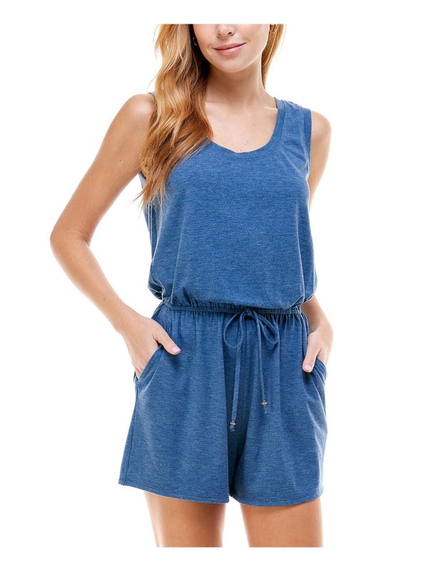 KINGSTON GREY Womens Blue Gathered Tie Sleeveless Scoop Neck Romper For Sale