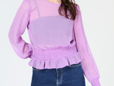 BAR III Womens Purple Sheer Smocked-waist Long Sleeve Crew Neck Blouse Sale