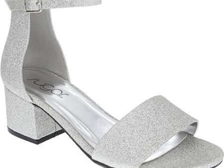 SUGAR Womens Silver Scalloped Insole Ankle Strap Glitter Noelle Round Toe Block Heel Buckle Dress Sandals Shoes M Fashion