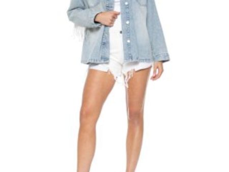 BLUE REVIVAL Womens Blue Fringed Pocketed Button Front Denim Jacket For Discount