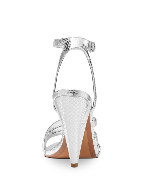 MICHAEL KORS Womens Silver Snake Print Strappy Cushioned Kimmy Round Toe Cone Heel Buckle Leather Dress Sandals Shoes For Cheap