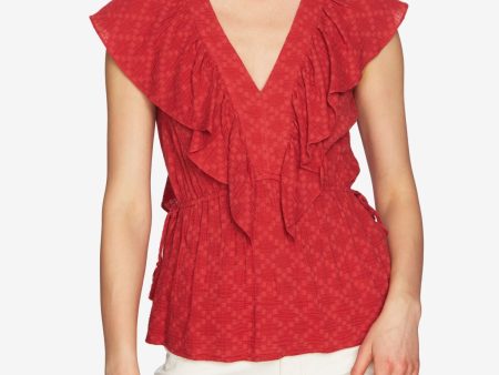 1. STATE Womens Red Ruffled Jacquard Sleeveless V Neck Wear To Work Top Online Sale