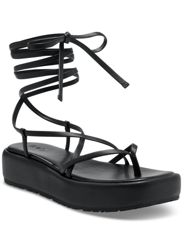 INC Womens Black Strappy Padded Rexile Square Toe Wedge Lace-Up Thong Sandals Shoes M Online Sale