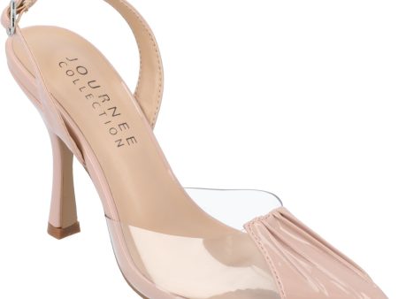 JOURNEE COLLECTION Womens Beige Mixed Media Ruched Padded Ivyann Lucite Pointed Toe Stiletto Buckle Slingback Sandal Discount