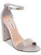 STEVE MADDEN Womens Silver Adjustable Ankle Strap Rhinestone Padded Carrson Open Toe Block Heel Buckle Dress Heeled M Hot on Sale