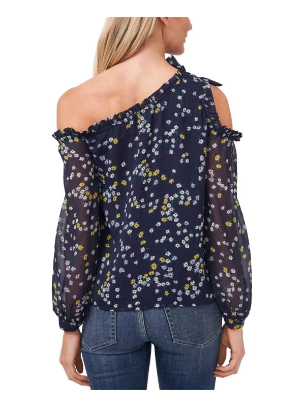 CECE Womens Navy Cold Shoulder Ruffled Bow Detail Sheer Body Lined Floral Long Sleeve Asymmetrical Neckline Party Blouse Online