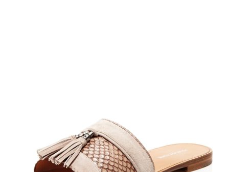 POUR LA VICTOIRE Womens Sand Beige Mixed Media Snake Print Tasseled Lakes Round Toe Slip On Leather Slide Sandals Shoes Hot on Sale