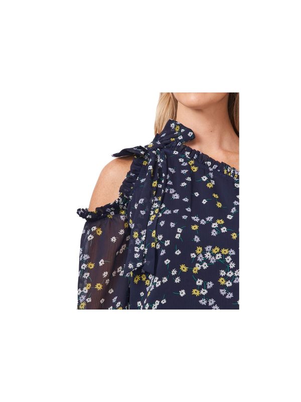 CECE Womens Navy Cold Shoulder Ruffled Bow Detail Sheer Body Lined Floral Long Sleeve Asymmetrical Neckline Party Blouse Online