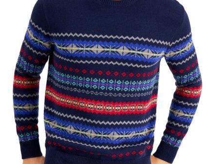 CLUBROOM Mens Navy Fair Isle Crew Neck Pullover Sweater Fashion