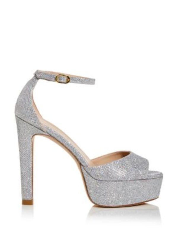 STUART WEITZMAN Womens Silver Cushioned 1-1 2  Platform Ankle Strap Glitter Disco Round Toe Stiletto Buckle Dress Heeled B Discount