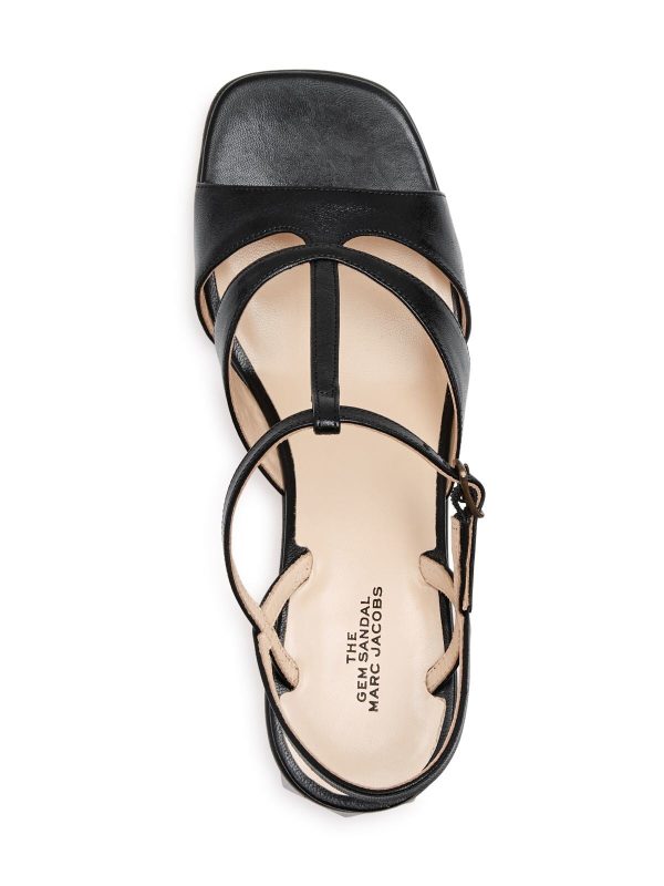 MARC JACOBS Womens Black T-Strap Strappy The Gem Square Toe Sculpted Heel Buckle Leather Slingback Sandal Online now