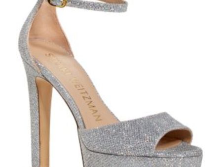 STUART WEITZMAN Womens Silver Cushioned 1-1 2  Platform Ankle Strap Glitter Disco Round Toe Stiletto Buckle Dress Heeled B Discount