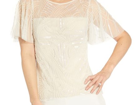 ADRIANNA PAPELL Womens Beige Embellished Zippered Sheer Lined Flutter Sleeve Boat Neck Evening Top Hot on Sale