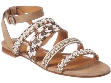 REBECCA MINKOFF Womens Beige Tribal Beaded Strappy Leila Round Toe Block Heel Buckle Leather Slingback Sandal M Hot on Sale