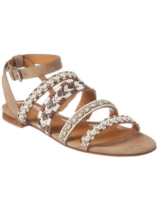 REBECCA MINKOFF Womens Beige Tribal Beaded Strappy Leila Round Toe Block Heel Buckle Leather Slingback Sandal M Hot on Sale