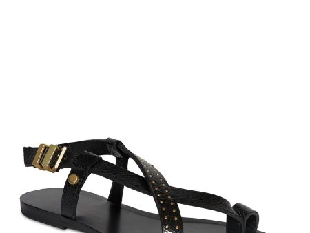 ALLSAINTS Womens Black Toe Loop Studded Asymmetrical Eden Square Toe Buckle Leather Sandals Shoes Online Sale