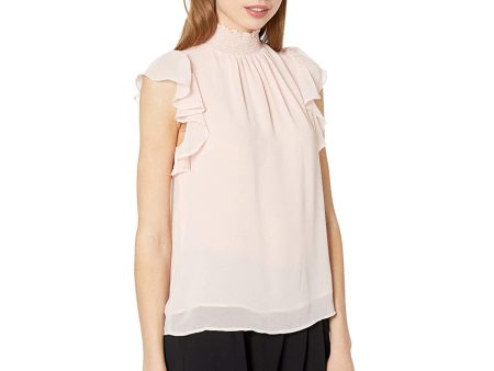 1. STATE Womens Pink Stretch Smocked Ruffled Sheer Keyhole-back Flutter Sleeve Mock Neck Blouse Online Hot Sale