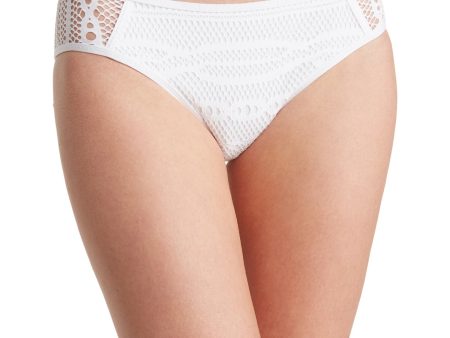 BECCA Women s White Stretch Lined Bikini Crochet Moderate Coverage Colorplay Hipster Swimsuit Bottom on Sale