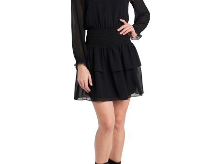 1. STATE Womens Black Ruffled Smocked Tie Sheer Sleeve Long Sleeve V Neck Short Fit + Flare Dress Supply