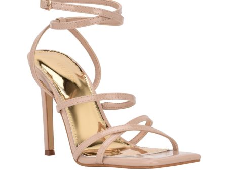 GUESS Womens Beige Strappy Glitter Sabie Square Toe Stiletto Buckle Dress Heeled M Hot on Sale