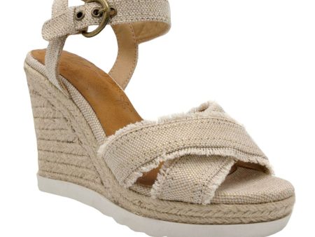 SUGAR Womens Beige Frayed Padded Jute Adjustable Strap Woven Fave Round Toe Wedge Buckle Espadrille Shoes M For Sale