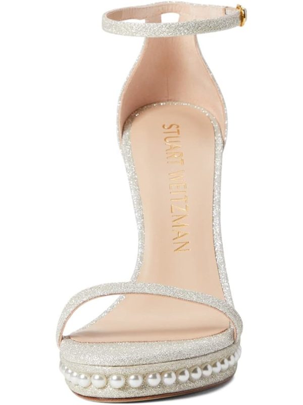 STUART WEITZMAN Womens Silver Faux Pearl Embellishment Cushioned Glitter Ankle Strap Nudist Disco Round Toe Stiletto Buckle Dress Heeled M Fashion