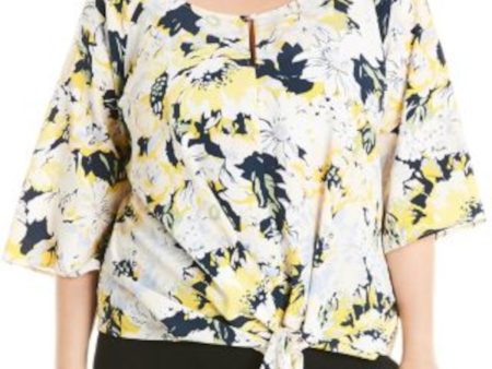 ESTELLE Womens Yellow Floral Elbow Sleeve Keyhole Blouse Cheap