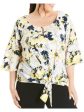 ESTELLE Womens Yellow Floral Elbow Sleeve Keyhole Blouse Cheap