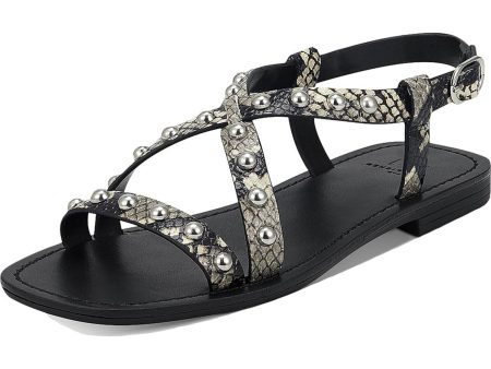 MARC FISHER Womens Black Snakeskin Studded Ankle Strap Fianna Square Toe Block Heel Buckle Leather Slingback Sandal M Cheap