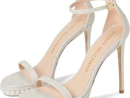 STUART WEITZMAN Womens Silver Faux Pearl Embellishment Cushioned Glitter Ankle Strap Nudist Disco Round Toe Stiletto Buckle Dress Heeled M Fashion