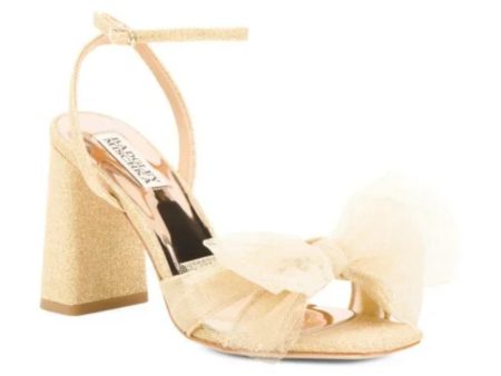 BADGLEY MISCHKA Womens Gold Ankle Strap Padded Bow Accent Glitter Tess Square Toe Block Heel Buckle Dress Heeled Supply