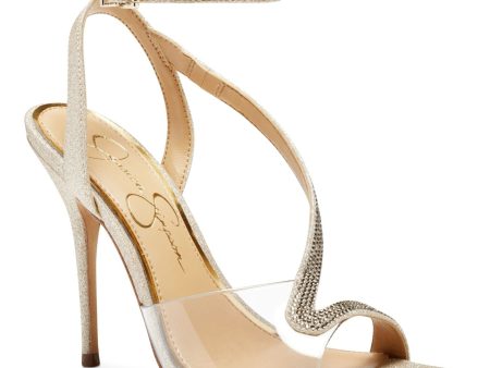 JESSICA SIMPSON Womens Gold Glitter Elastic Gore Embellished Clear Panel Adjustable Strap Asymmetrical Whitley Pointy Toe Stiletto Buckle Dress Sandals Shoes M Hot on Sale