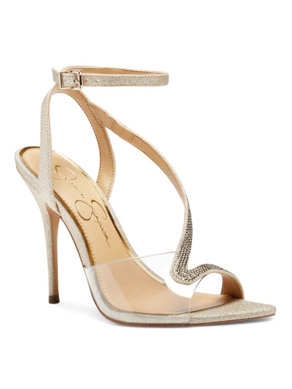 JESSICA SIMPSON Womens Gold Glitter Elastic Gore Embellished Clear Panel Adjustable Strap Asymmetrical Whitley Pointy Toe Stiletto Buckle Dress Sandals Shoes M Hot on Sale