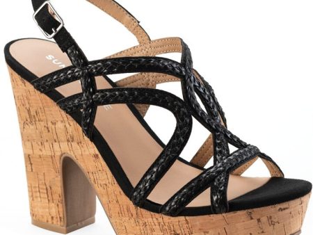 SUN STONE Womens Black 1  Platform Adjustable Cork-Like Braided Padded Nadiya Round Toe Block Heel Buckle Dress Slingback Sandal M on Sale