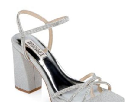 BADGLEY MISCHKA Womens Silver Mixed Media Padded Strappy Ankle Strap Rhinestone Frida Square Toe Block Heel Heeled Sale