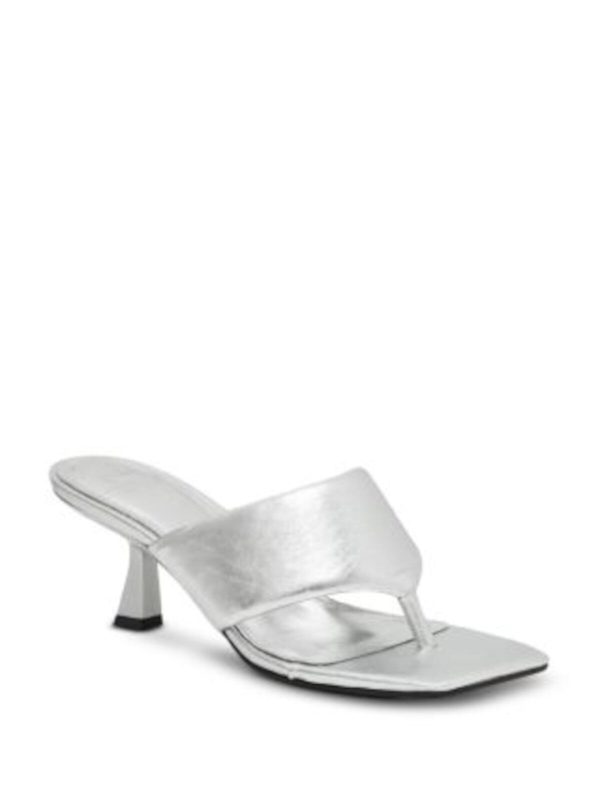 MARC FISHER LTD Womens Silver Metallic Padded Cici Square Toe Kitten Heel Slip On Leather Thong Sandals Shoes M Discount