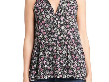 1. STATE Womens Black Pleated Ruffled Floral Sleeveless Split Peplum Top Hot on Sale