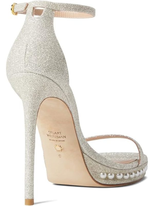 STUART WEITZMAN Womens Silver Faux Pearl Embellishment Cushioned Glitter Ankle Strap Nudist Disco Round Toe Stiletto Buckle Dress Heeled M Fashion