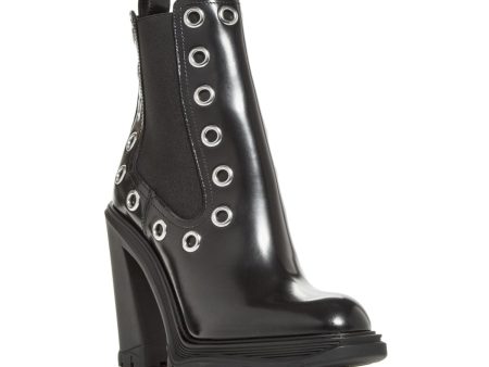 ALEXANDER MCQUEEN Womens Black Grommet Detailing Back Pull-Tab Goring Padded Round Toe Block Heel Leather Chelsea Supply